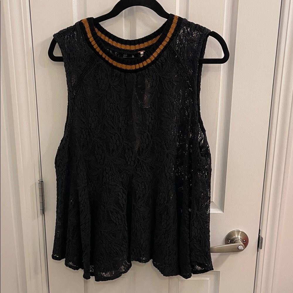 Free People Black Lace Top with Tan Trim